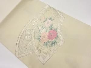 銀駒刺繍地紙に流水・草花模様開き名古屋帯(額縁仕立て)